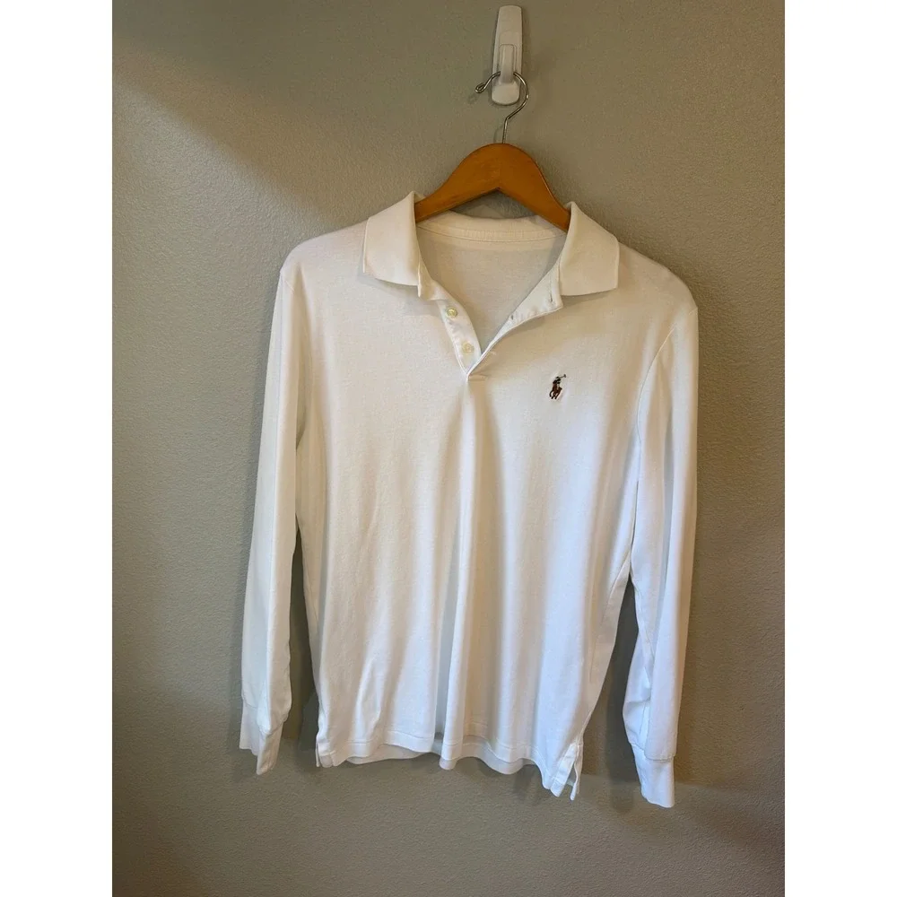 Ralph Lauren Polo Shirt Men L White Long Sleeve Cotton Colored Pony Logo